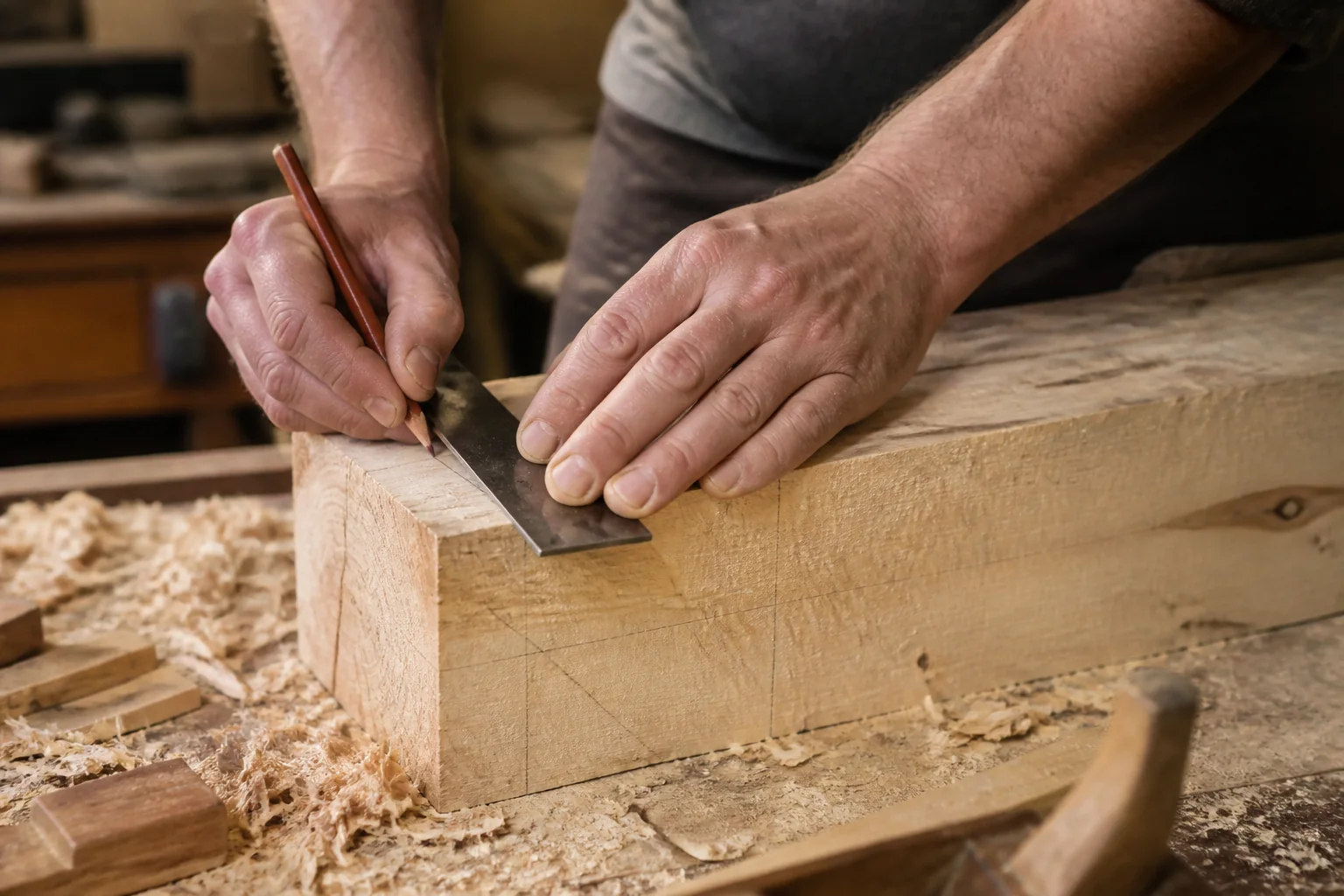 Mains d’un artisan mesurant une pièce de bois dans un atelier