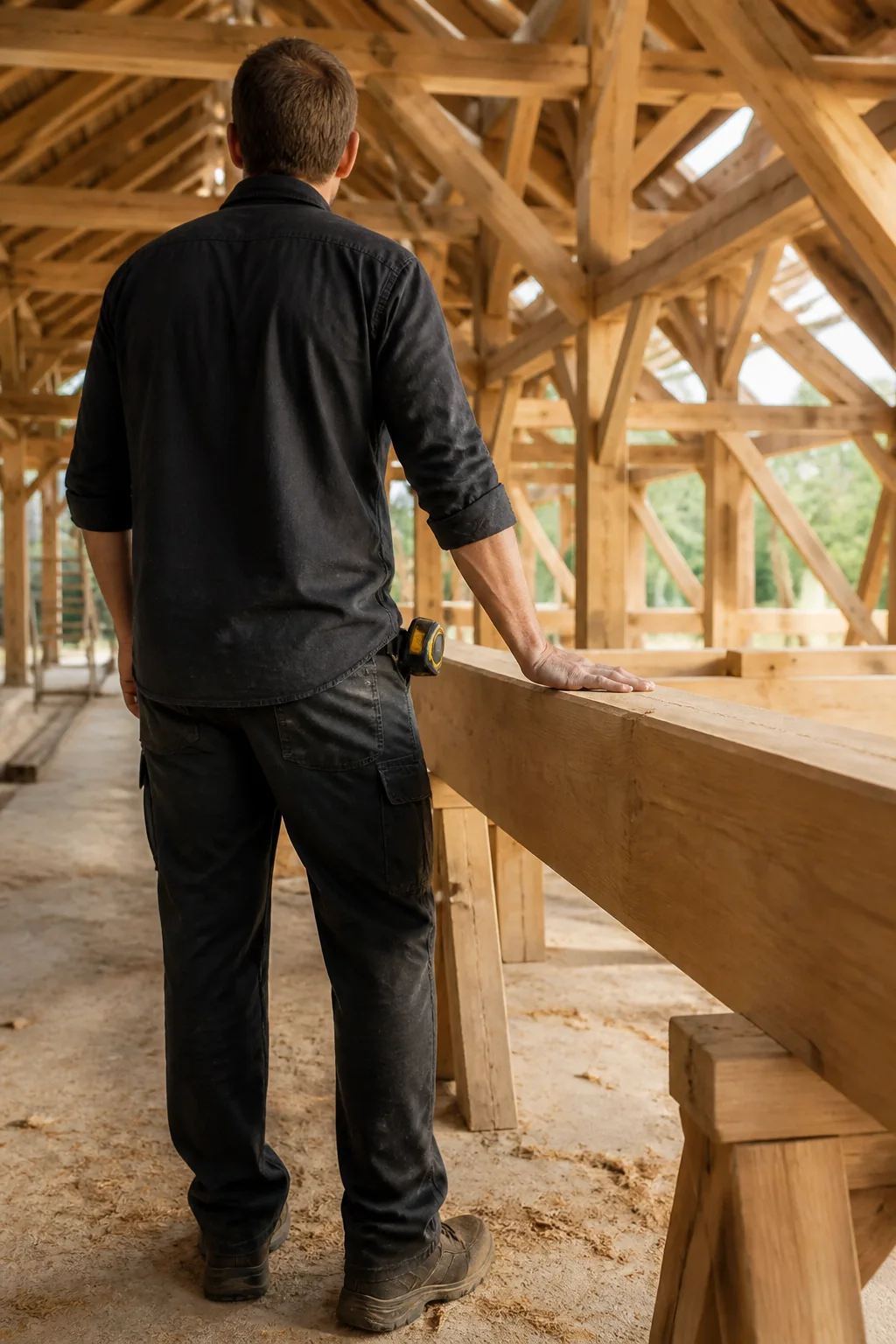 Emplacement temporaire montrant un artisan de dos sur un chantier en bois