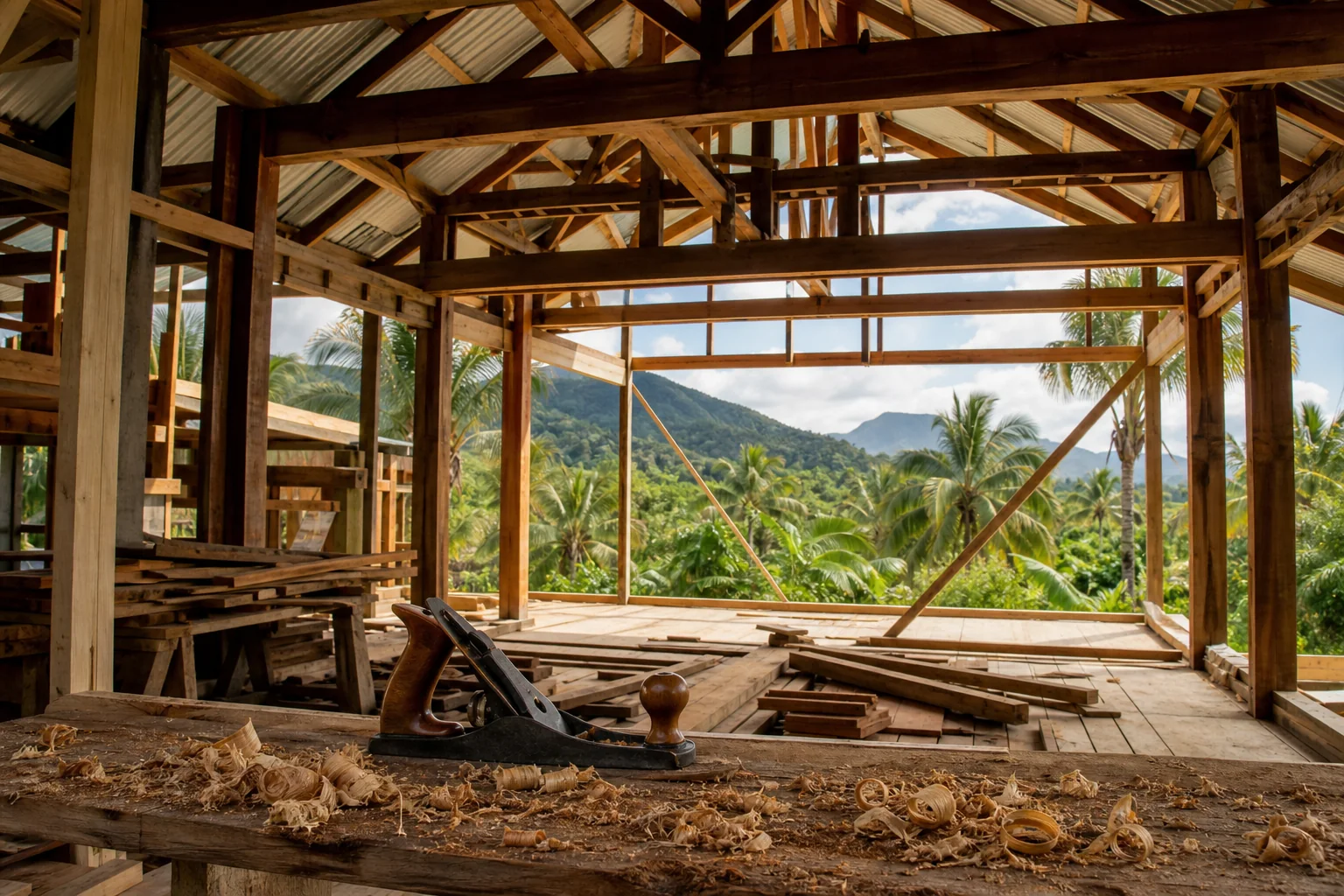 Structure de maison en bois en cours de construction dans un paysage tropical